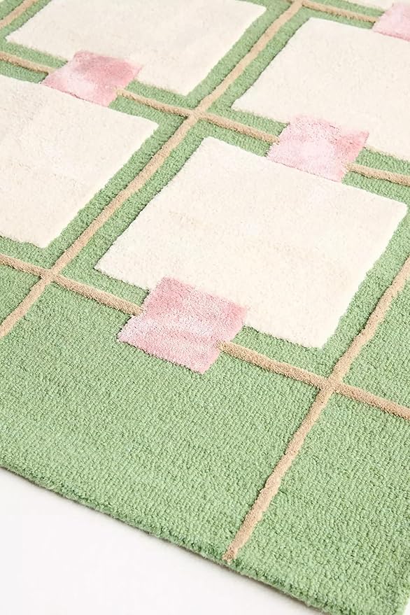 Greer Wool Area Rug - Soft Hand-Tufted Geometric Design with Pink and Green Color Palette, Perfect for Modern Home Decor (3x6 Ft)