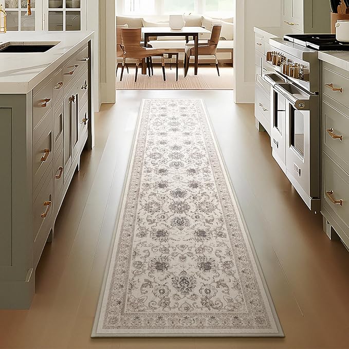 Phantoscope Washable Runner Rug 2'x10' Non-Slip, Vintage Neutral Hallway Rugs for Entryway, Stair, Bedroom, Distressed Boho Floral Medallion Pattern, Low-Pile Foldable Carpet, Cream Beige/Neutral