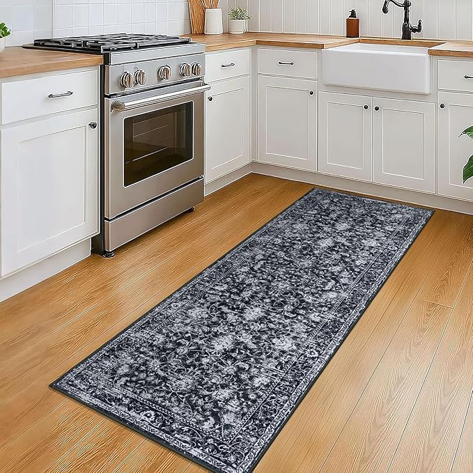 KILOCOCO Washable Runner 2x5 Rug Runner Printed Vintage Floral Kitchen Runners Non-Slip Rubber Backed Runners for Hallways Distressed Thin Soft Rugs for Entryway Laundry Room, Black/Navy/White