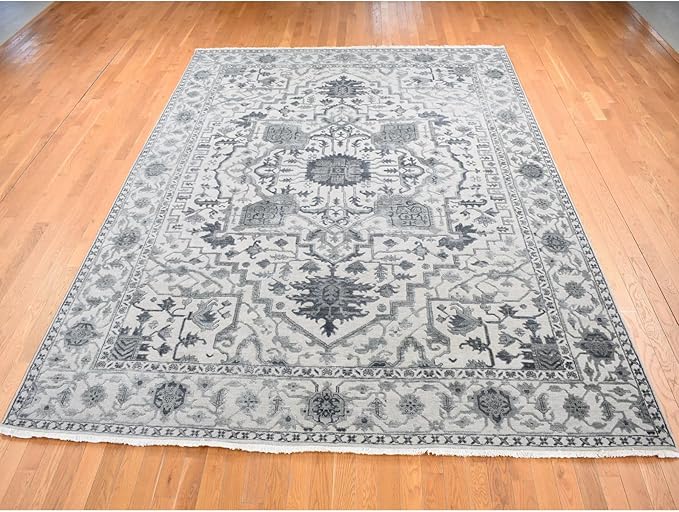 Ash Grey Design with All Over Pattern Wool and Silk Hand Knotted Oriental Rug (9'x12')