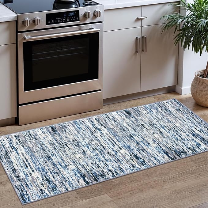 Modern Abstract Runner Rug 2x5, Grey Blue White Washable Entryway Kitchen Runner Non-Slip Soft Hallway Rug Runner Thin Print Faux Wool Carpet for Bedroom Laundry Room Indoor