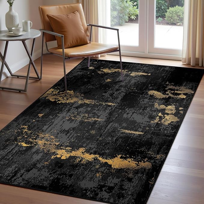Washable Area Rugs 4'x6' Non-Slip Modern Abstract Soft for Living Room Entryway Bedroom Nursery, Print Pattern, Dark Black Gold