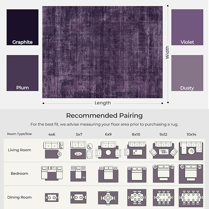 Kokia Abstract Area Rugs 8x10 Bedroom Soft Living Room Rugs Washable Distressed Vintage Comfy Carpet with Non-Slip Backing for Farmhouse Home Office Room Decor, Purple Rug, Oslo Dusty