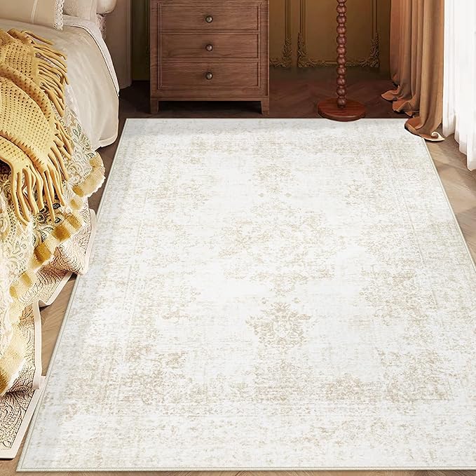 Area Rug 4x6 Entryway Rugs - Machine Washable Vintage Boho Area Rug Non-Slip Bedroom Rugs Soft Stain Resistant Living Room Carpet, Oriental Distressed Rug for Dining Room Office Nursery(Ivory, 4'x6')