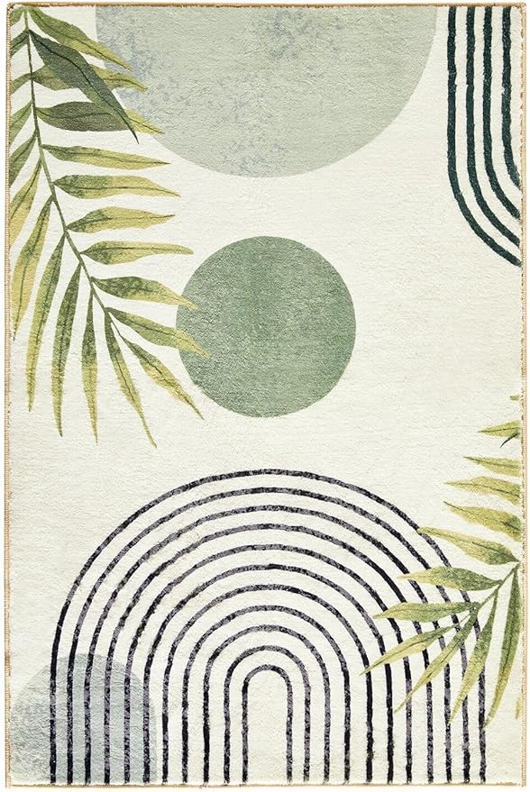 RoomTalks Mid Century Modern Washable Rug Stain Resistant, Boho Cute Aesthetic 8x10 Area Rugs for Bedroom Dining Living Room Office, Green Abstract Tropical Leaves Indoor Rug Plant Botanical Carpet