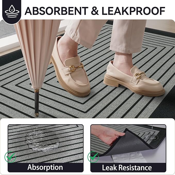 Front Door Mat 31''x47'', Absorbent Muddy Dirt Resist Washable Non Slip Low-Profile Indoor Doormat, Easy Clean Welcome Entryway Door Mats, Grey