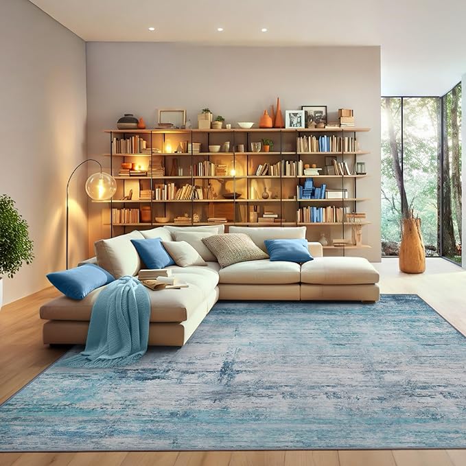 Abstract 5x8 Area Rug Washable Soft Large Non-Slip Carpet for Living Room Dining Room Home Office Bedroom - Abstract Teal/Grey