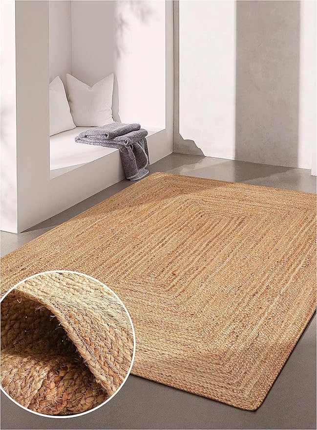 KEMA Jute Braided Area Rug, 6x9 Feet (72x108 Inches) - Rustic Vintage Braided Reversible Rectangular Rug, Shag Rugs for Bedroom, Jute Kitchen, Living Room, Floor