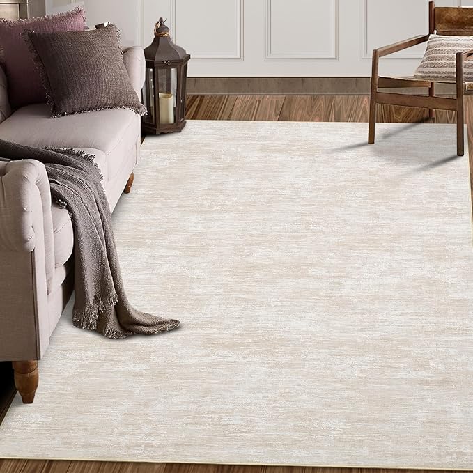RUGSREAL Washable Rug 10x13 for Living Room Modern Abstract Area Rug Non-Slip Large Contemporary Bedroom Rug Stain Resistant Aesthetic Accent Floor Carpet Foldable Solid Rug for Home Office, Beige