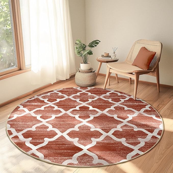 Area Rug 6ft, Moroccan Trellis Print Carpet, Machine Washable Non-Slip Rugs for Living Room, Bedroom, Dining Room & Entryway, Red
