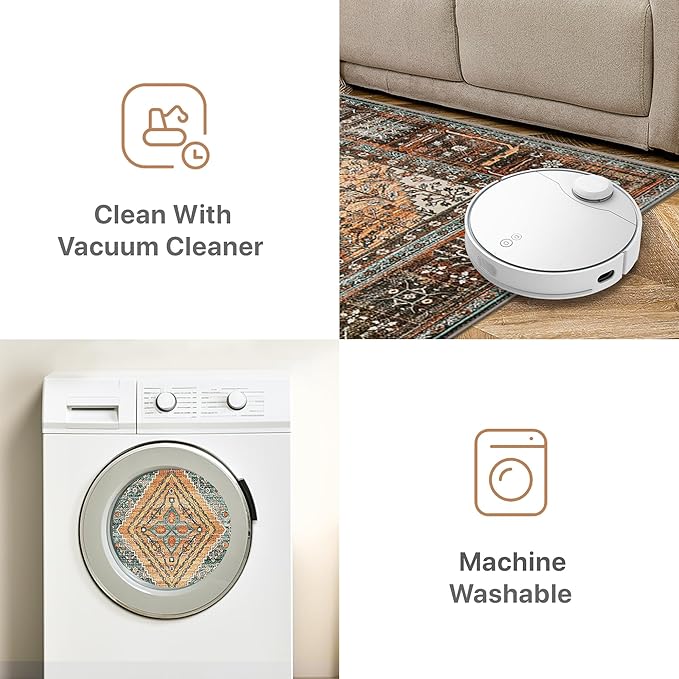 Bavni Washable Rug 3x5 Area Rug for Living Room Bedroom Dining, Washable Print Carpet, Low Pile Lightweight Rug with Non Slip Backing, Vintage Brown/Blue