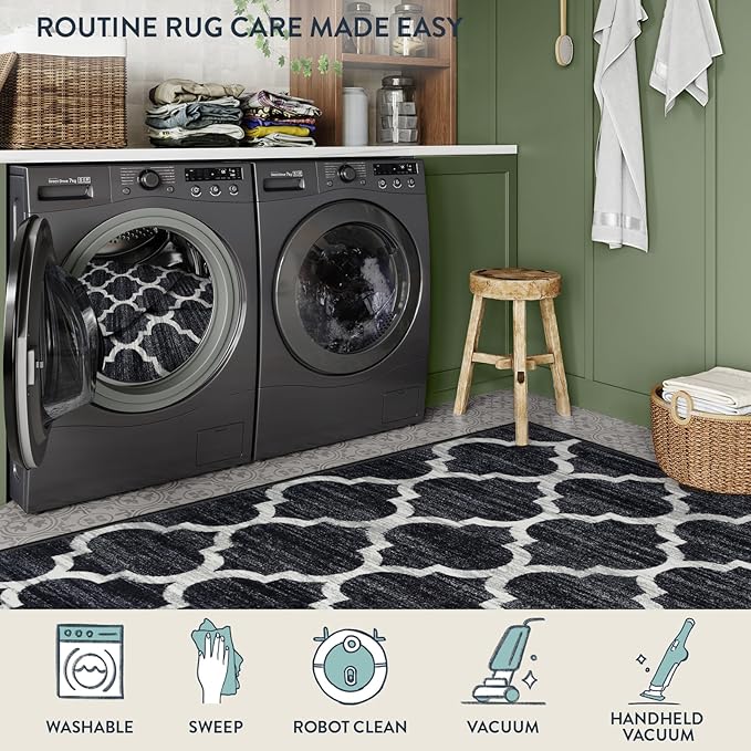 Lahome Moroccan 2x4 Runner Rug Washable Non Slip Black Entryway Runner Rugs, Laundry Throw Rug and Indoor Mat for Laundry Room, Washable Runner Rugs for Kitchen Hallway Entry Area Rugs(Black,2'x4')