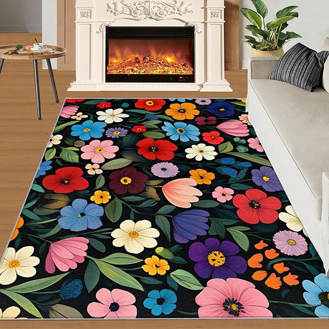 Boho Flowers Rugs for Bedroom - 6x8 Area Rug - Cartoon Flowers Rugs for Living Room, Abstract 3D Floral Rug, Non-Slip Washable Home Decor Carpet