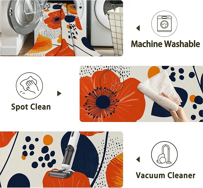 Boho Orange Flowers Autumn Carpet for Living Room, 3x5 Non-Slip Washable Low Pile Abstract Design Rug, Space Saving Area Rug for Bedroom, Dining Room