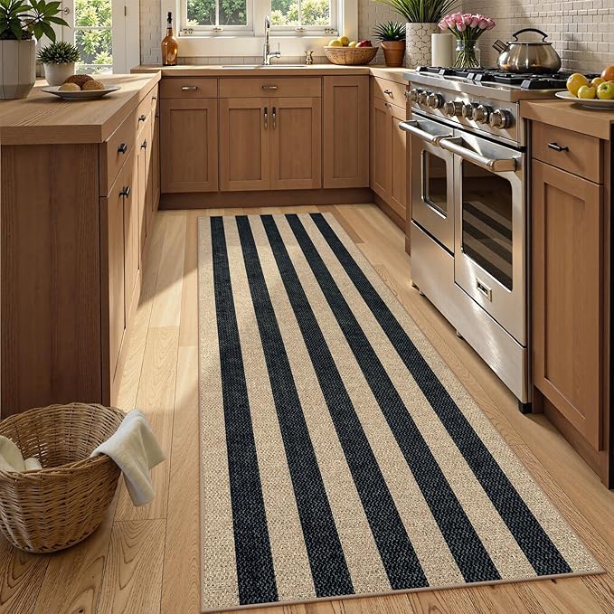 Lahome Striped Easy Jute Kitchen Runner, 2x8 Washable Runner Rug for Hallway Entryway, Farmhouse Non Slip Non Shedding Black Indoor Outdoor Carpet for Entry Porch
