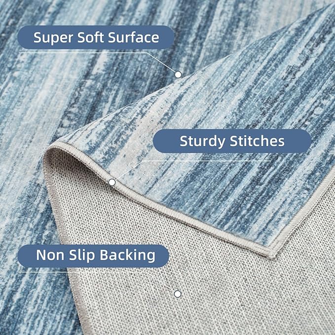 PADOOR Modern Abstract Runner Rug - 2.6x8 Washable Hallway Rugs, Ultra Soft Non-Slip Low Pile Floor Rugs for Hallway Entryway Kitchen Bedroom Bedside Laundry Room Blue