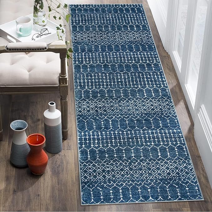 Lahome Moroccan Blue Runner Rug 2x6 Rug Non-Slip Stain Resistant Kitchen Rug Runner Low-Profile Washable Hallway Runners, Geometric Print Distressed Carpet for Entryway Laundry Room