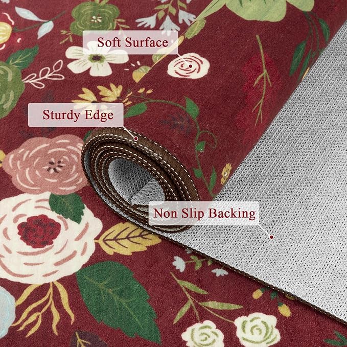 U'Artlines 5x7ft Red Christmas Area Rug, Colorful Floral Boho Rug Machine Washable Ultra Soft Low Pile Non Slip Non Shedding Accent Floor Carpet for Living Room, Bedroom, Dining Room,Farmhouse,Office