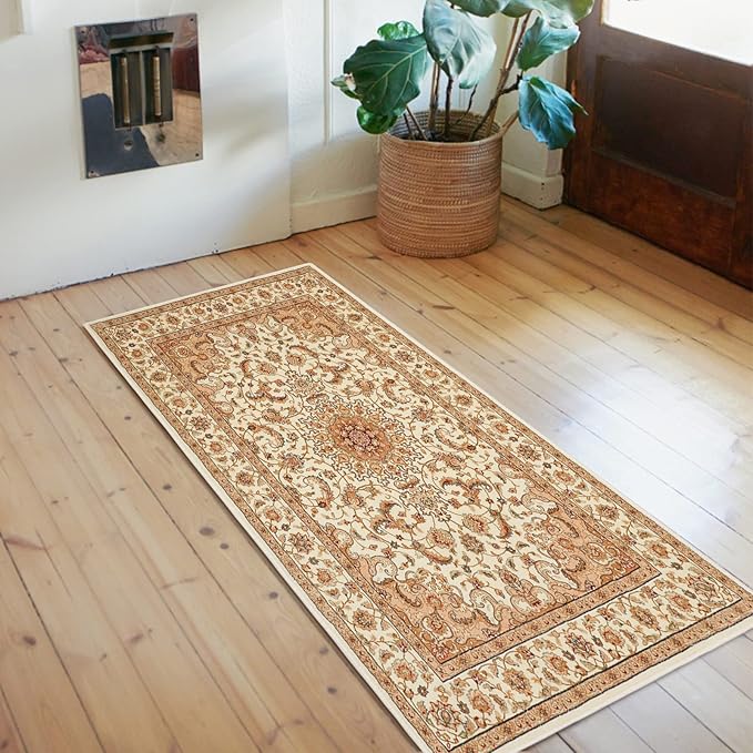 COMSLE Boho Area Rug, 2' x 4' Machine Washable Rugs for Entryway Faux Wool Small Rugs Distressed Throw Rug Non-Slip Floor Carpet for Indoor Bedroom Kitchen Living Room Cream/Beige-2