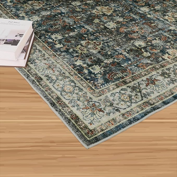 Dripex Vintage Washable Area Rug - 3x5 Entryway Rug for Indoor Door Mat Low-Pile Non-Slip Bedside Rug Bedroom Oriental Medallion Floral Print Carpet Soft Accent Rug Farmhouse Office Home Decor
