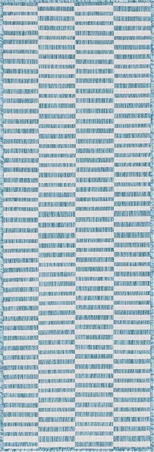 Unique Loom Outdoor Striped Collection Area Rug - Striped (2' x 6' 1" Runner, Light Aqua/Ivory)