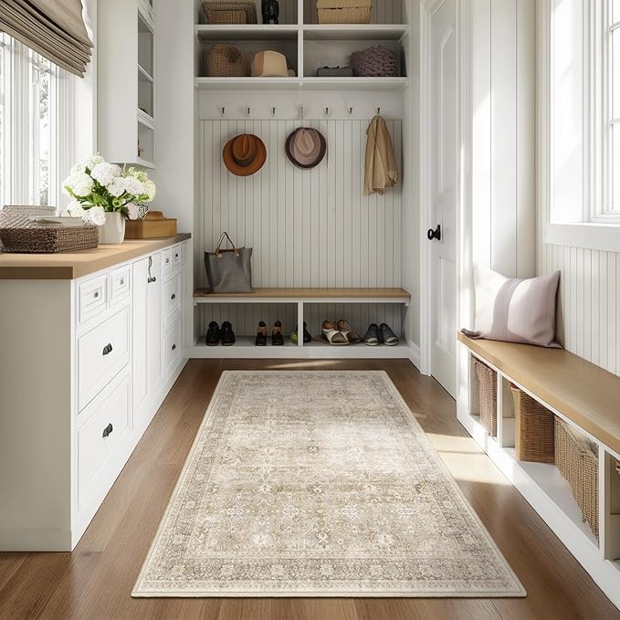 Vintage Beige 3x5 Entryway Rug Indoor Foyer, Neutral Earth Tone Throw Rug for Kitchen Bathroom, Machine Washable Non Slip Ultra Thin Area Rug for Nursery/Bedroom Bedside/Home Office/Dorm