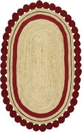 2.6x12 Oval Jute Runner – Handmade Boho Jute Runner, 0.27" Thick Flatweave, Solid Red Beige, Hand Braided Oval Rug for Staircase, Hallway, Entryway, Corridor