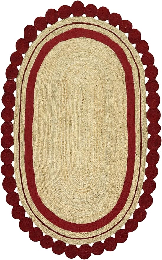 2.6x12 Oval Jute Runner – Handmade Boho Jute Runner, 0.27" Thick Flatweave, Solid Red Beige, Hand Braided Oval Rug for Staircase, Hallway, Entryway, Corridor