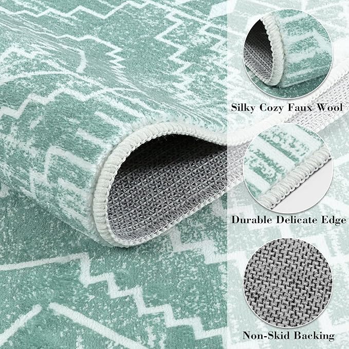 Wonnitar Moroccan Sage Green Area Rugs 5x7, Washable Rugs Non-Slip Soft Large Rug for Bedroom, Non-Shedding Farmhouse Stain Resistant Floor Carpet for Bedside Playroom Dining Room (Mint Green,5'x7')