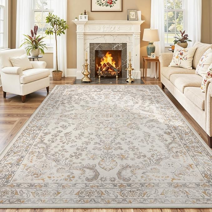 Wonnitar Washable Living Room Rugs, 8x10 Area Rugs for Room Decor, Beige Non Slip Ultra-Thin Soft Cozy Vintage Floral Distress Neutral Carpet for Bedroom Dining Room Farmhouse Playroom