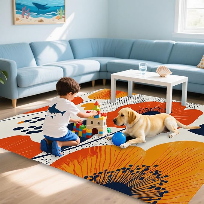 Boho Orange Flowers Autumn Carpet for Living Room, 3x5 Non-Slip Washable Low Pile Abstract Design Rug, Space Saving Area Rug for Bedroom, Dining Room