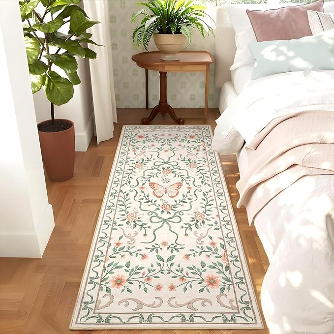 GarveeHome Washable Runner Rug 2x6 Non Slip Hallway Runners Stain Resistant Low Pile Floral Runner Rugs for Kitchen Soft Long Entryway Runner Rugs Beige Boho Throw Carpet for Bedroom Nursery, 2x6