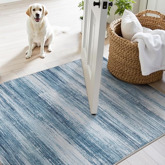 PADOOR Modern Abstract Area Rug - 8x10 Washable Rugs Non-Slip, Large Rug Ultra Soft Low Pile Rugs for Living Room Bedroom Dining Room Nursery Room Playroom Blue