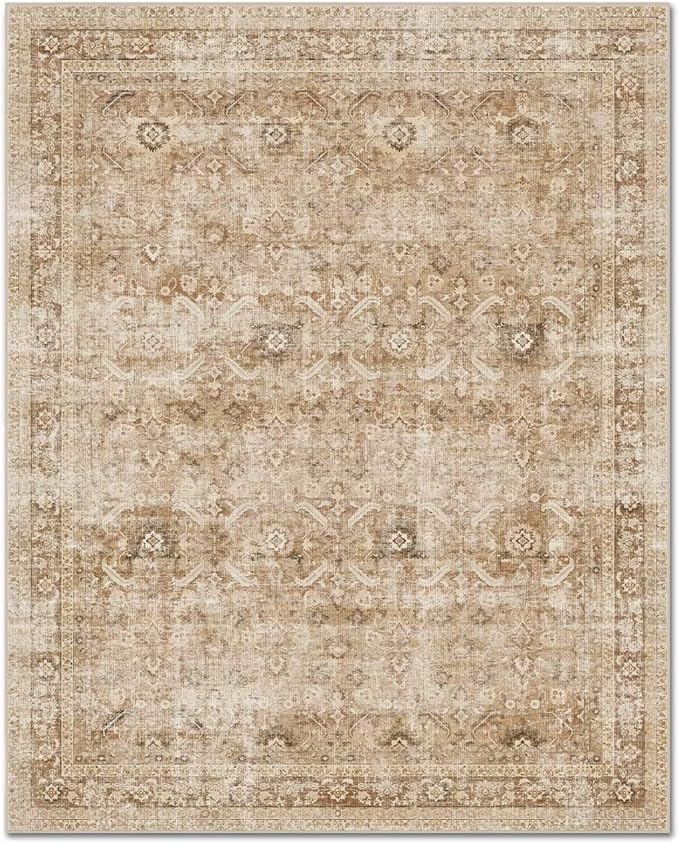 Washable 9x12 Area Rugs for Living Room, Boho Non-Slip Vintage Distress Lager Rugs for Bedroom Dining Room Nursery Office, 0.3" Neutral Oriental Throw Thin Carpet, Brown/White/Multi