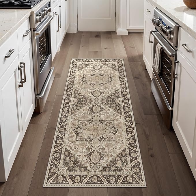 2x5 Runner Rug Machine Washable Boho Runners for Hallway,Ultra-Thin Low Pile Rug,Lightweight Indoor Carpet,Non Slip Floral Runners for Enrtyway, Corridor, Home Office, Kitchen,Brown
