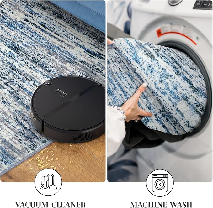 Modern Abstract 5x7 Machine Washable Area Rug Non-Slip Soft Bedroom Living Romm Rug Grey Blue White Thin Print Faux Wool Floor Carpet Throw Rugs for Nursery Playroom Dining Room Indoor