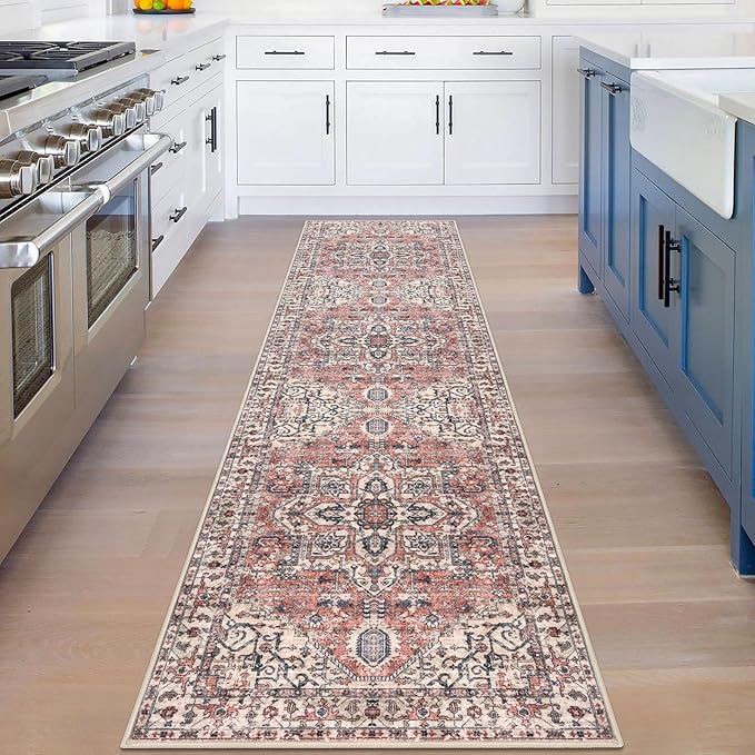 KOZYFLY Runners for Hallways 2x8 Ft Washable Kitchen Runner Rug Boho Entry Rug for Hallways Indoor Printed Faux Wool Long Floor Carpet for Entryway Bedroom Kitchen Hallway, Terracotta/Beige