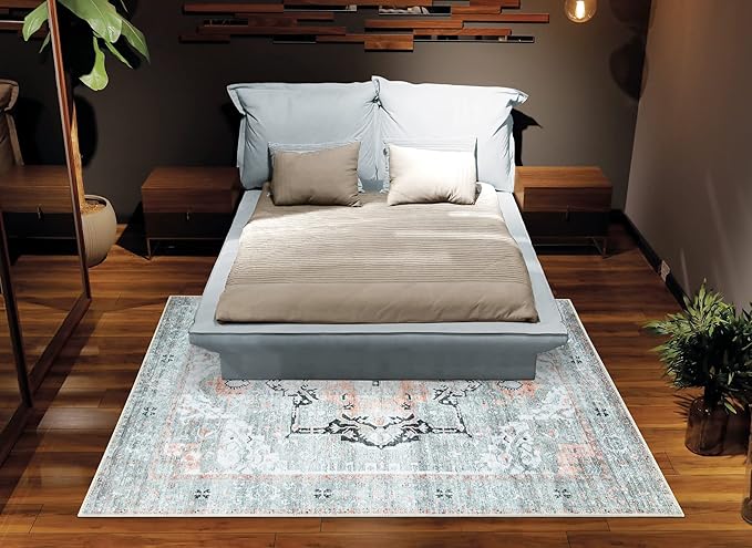 Bloom Rugs Washable Non-Slip 3' x 5' Rug - Gray/Coral Pink Traditional Area Rug for Living Room, Bedroom, Dining Room, and Kitchen - Exact Size: 3' x 5'
