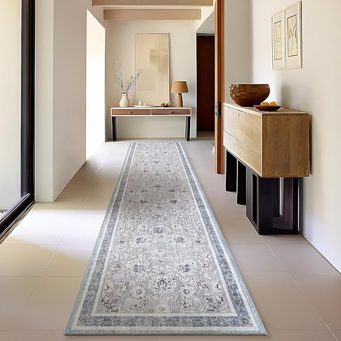 Phantoscope Washable Runner Rug 2'x10' Non-Slip, Vintage Neutral Hallway Rugs for Entryway, Stair, Bedroom, Distressed Boho Floral Medallion Pattern, Low-Pile Foldable Carpet, Light Grey/Neutral