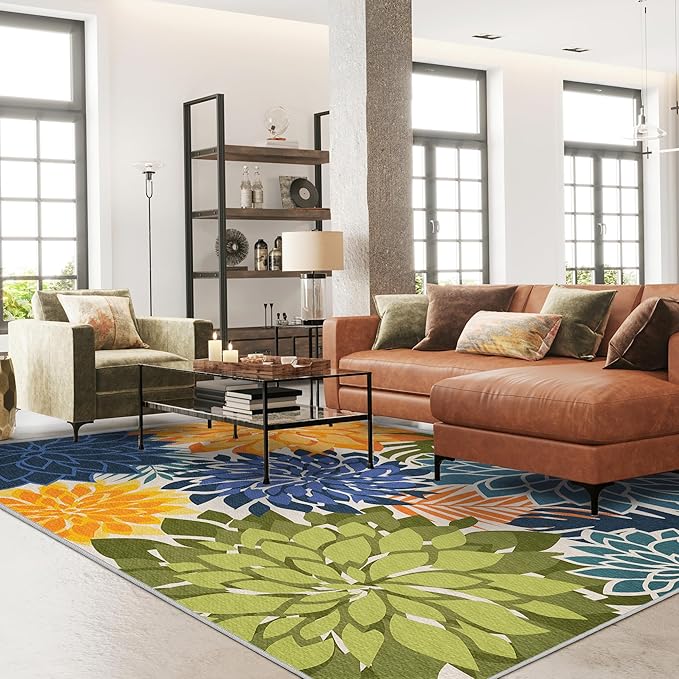 Colorful 6x9 Outdoor Area Rug Washable Multicolored Patio Rug Tropical Botanical Floral Chenille Waterproof Outdoor Carpet Non-Slip for Patio, Deck, Backyard, Porch, Green