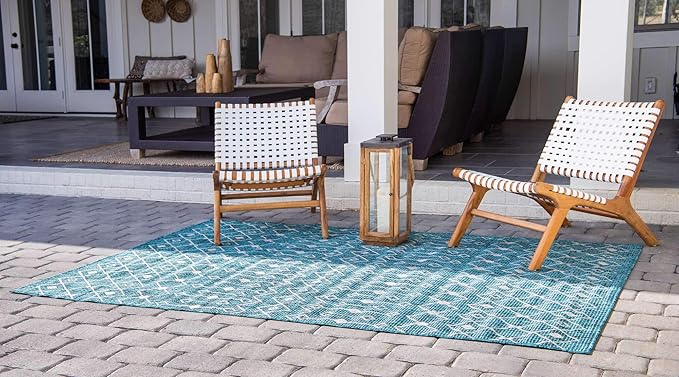 Unique Loom Outdoor Trellis Collection Area Rug - Tribal Trellis (4' 1" x 6' 1" Rectangle, Teal/ Ivory)