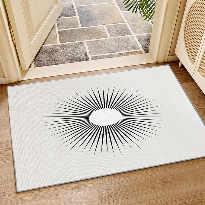 Mid Century Rugs for Living Room -Minimalist Sun Rug, 3x4 ft, Black and White Area Rugs for Bedroom, Modern Abstract Washable Carpet for Entryway, Kitchen, Optical Illusion Home Decor & Gifts