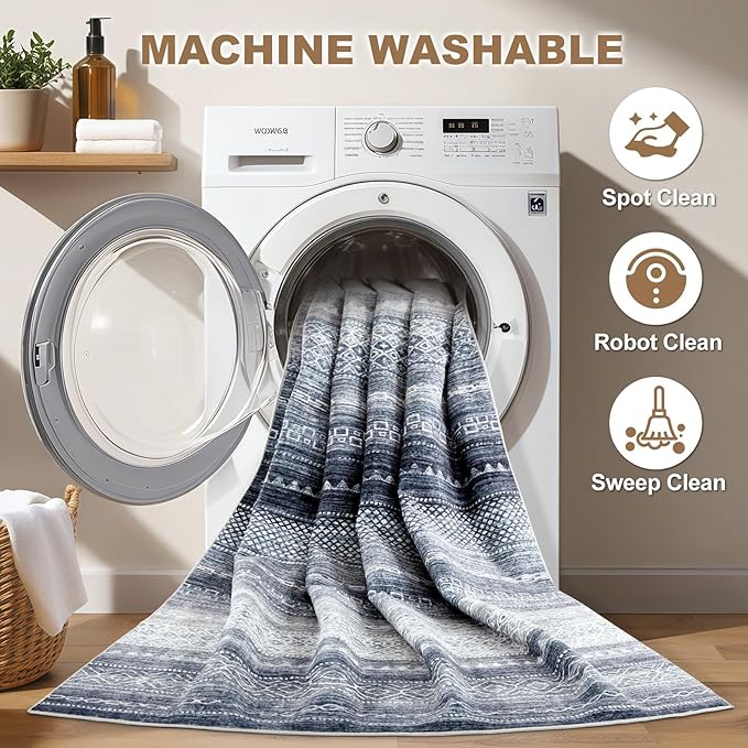 Nakagishi 12x15 Area Rug Living Room: Washable Boho Large Neutral Modern Soft Stain Resistant Farmhouse Indoor Floor Rug Non-Slip Carpet for Bedroom Nursery Kids Playroom Office Dining Room- Blue