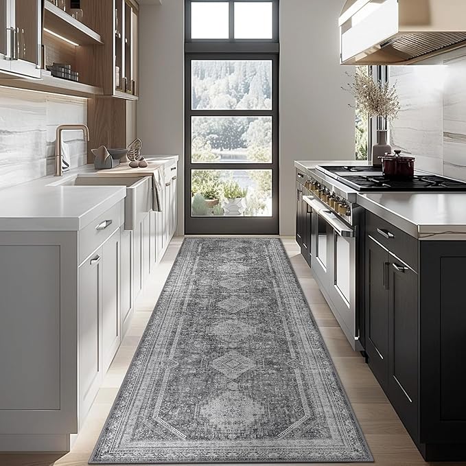 GENIMO Runner Rug 2x10 Non Slip Machine Washable Hallway Runner Rug, Low Pile Lightweight Rugs for Entryway, Hallway, Kitchen and Corridor, Vintage Grey