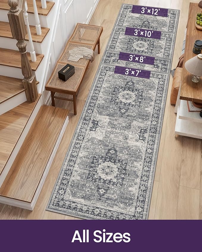 DEXI Hallway Runner Rug 3x10, Distressed Non Slip Runners Carpet, Boho Vintage Soft Thin Indoor Rug, Stain Resistant Washable Entry Mat for Entryway Kitchen Laundry Room Living Room, Blue Grey