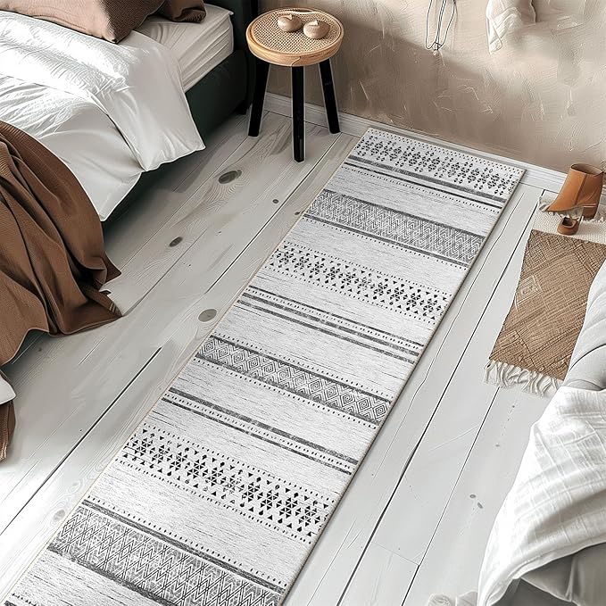 BESTSWEETIE 2x8 Area Rugs for Living Room Washable Moroccan Farmhouse Neutral Geometric Low Pile Non-Slip Soft Print Pattern Rug for Bedroom Kitchen Dining Room Entryway Grey/Black/Navy