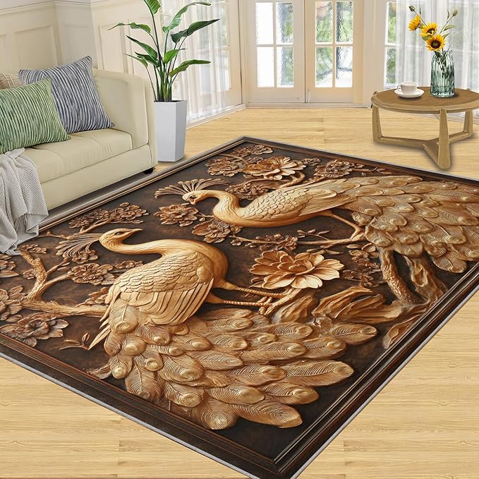 Peacock Rugs for Bedroom - 6x9 Rug, European Style Area Rugs for Living Room, Peacock Decor Carpet, Gold Peafowl Washable Area Mat, Luxury Carpet - Peafowl Home Decor & Gifts