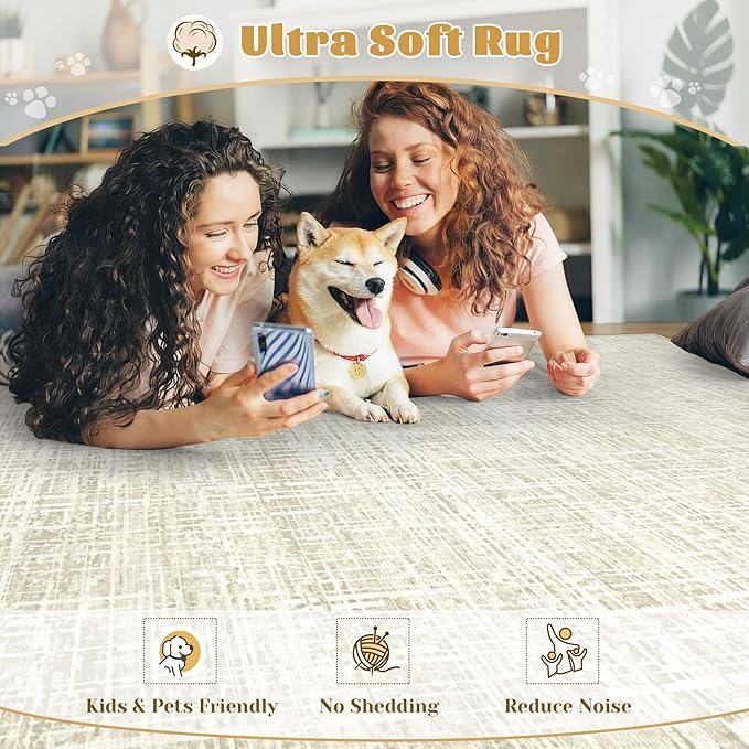 5x7 Area Rugs for Living Room, Washable Large Area Rug Neutral Modern Abstract Bedroom Rug Soft Non Slip Low Pile Stain Resistant Indoor Carpet for Nursery Kids Dining Room Office(Beige, 5'x7')