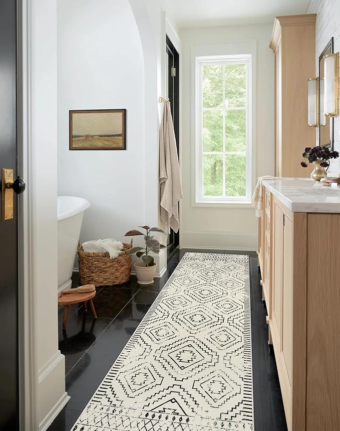 Wonnitar Moroccan Runner Rugs for Hallway 2'6"x10', Washable Non-Slip Extra Long Rug Runner Carpet for Kitchen, Boho Low Pile Throw Mat for Laundry Room Bedroom Bathroom (Beige,2'6"x10')