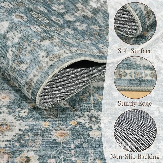 6x9 Washable Rug Vintage Fade Resistant Boho Distressed Non-Slip Indoor Large Carpet Low Pile Lightweight & High-Traffic Safe for Bedroom, Dorm, Playroom - Farmhouse Decor